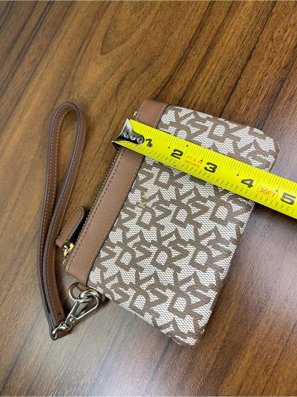 DKNY Logo Zip Wristlet Wallet w/ Wrist Strap, Brown/Beige